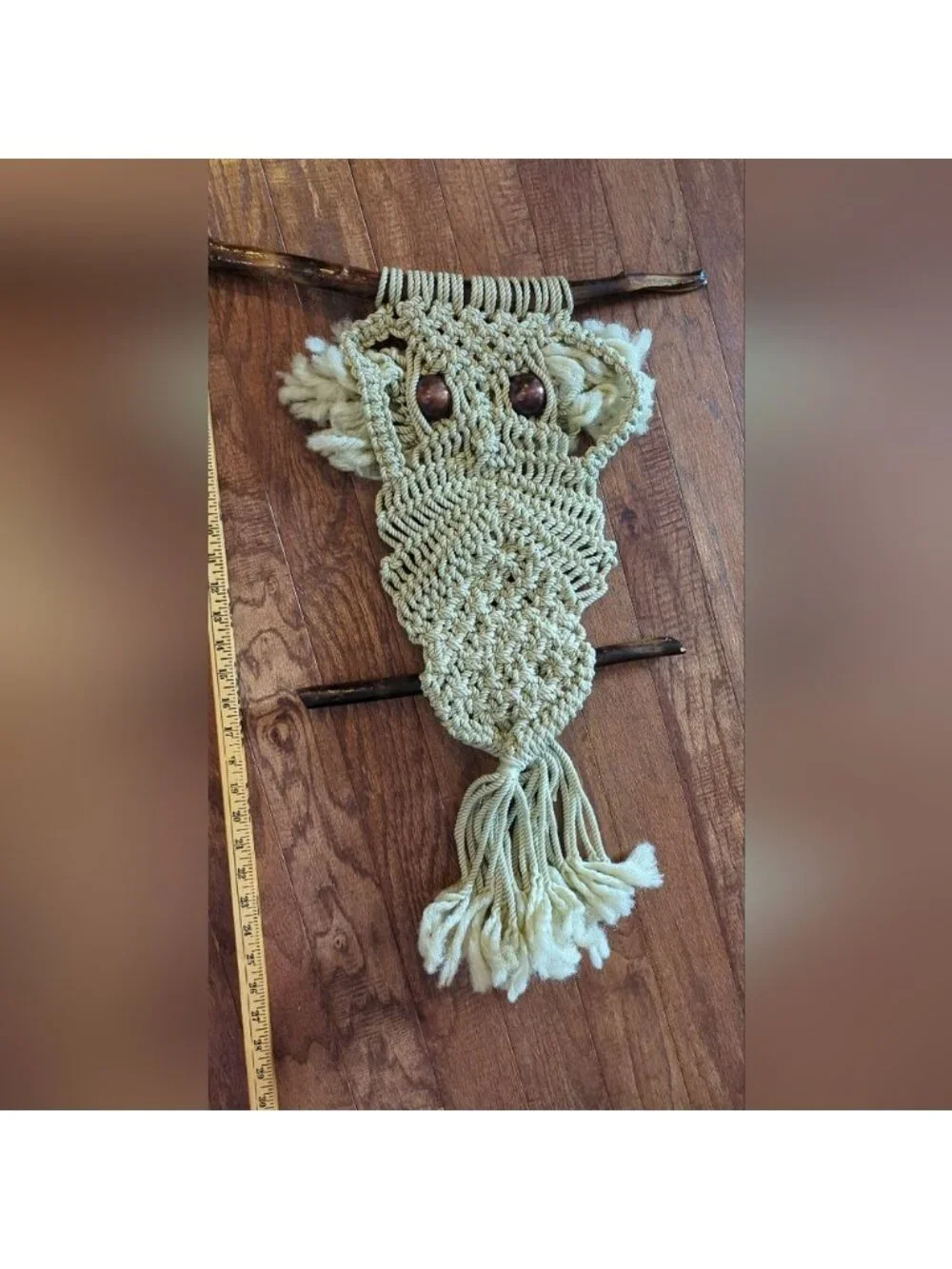 Vintage Macrame 70's Boho Owl Tapestry Wall Hanging 28' Hardwood Frame